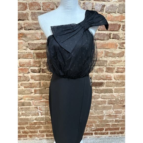 Express Black Mesh Polka Dot One Shoulder Bow Midi Sheath Dress Sz M Holiday - Picture 3 of 9